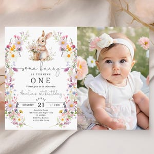 First Birthday Invitation: Bunny and Wildflowers - Editable Printable EaBir14