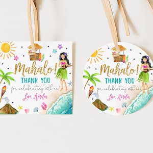 Hawaiianische Party Danke Etikett Tropisch Geburtstagsgeschenk Anhänger Aufkleber Mahalo Luau für Tag Kreis Quadrat Bearbeitbar Druckbar Download Bir363