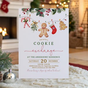 May include: A white invitation for a cookie exchange, featuring watercolor illustrations of Christmas cookies and decorations. The text reads "Join us for a Cookie Exchange" with event details.
