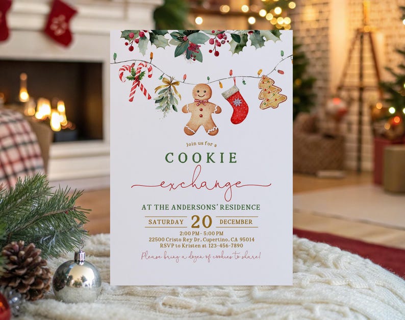 May include: A white invitation for a cookie exchange, featuring watercolor illustrations of Christmas cookies and decorations. The text reads "Join us for a Cookie Exchange" with event details.