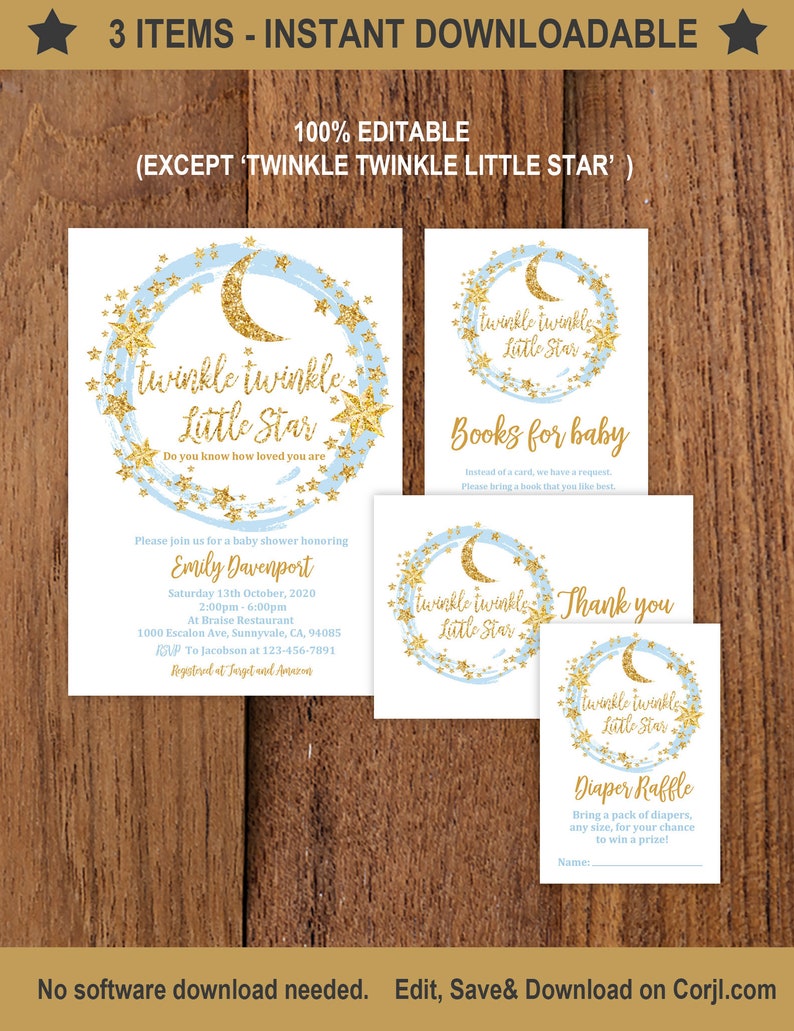 Twinkle Twinkle Little Star Baby Shower Invitation Suite Blue Etsy