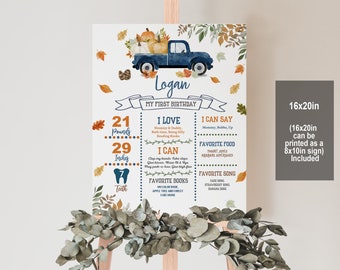 Little Pumpkin Milestone Sign Blue Pumpkin Truck 1st Birthday Milestone Poster Boy Fall Chalkboard Printable Editable Download Bir314