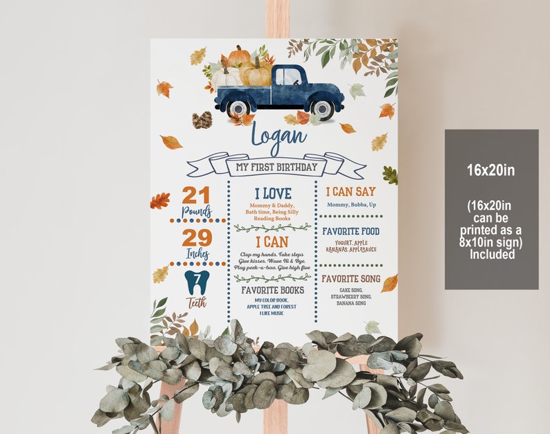 Pu&ograve; includere: Un camioncino blu con zucche e foglie autunnali sul retro. Il camioncino &egrave; su uno sfondo bianco con un bordo blu e arancione. Il testo "Logan" &egrave; in cima al poster. Il poster include anche informazioni sul primo compleanno di Logan, tra cui il suo peso, l'altezza, i suoi cibi preferiti e le sue canzoni. Il poster misura 16x20 pollici e pu&ograve; essere stampato come un cartello di 8x10 pollici.