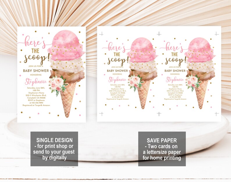 Ice Cream baby shower Invitation Pastel Girl Baby shower Invite Here's the scoop Pink Brown Summer Digital Editable Printable Download Bab92 image 4