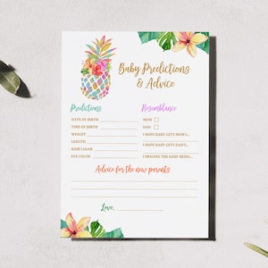 Ananas Babykaarten voorspelling en advies Tropische babyshowerspel Luau Hawaiiaanse regenboog goud zomer afdrukbare download Bab38