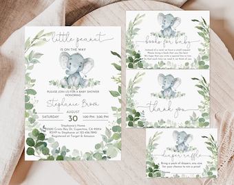 May include: A baby shower invitation featuring a cute elephant illustration and green foliage. The invitation reads "a little peanut is on the way" and includes the name "Stephanie Broon" and the date "August 30".