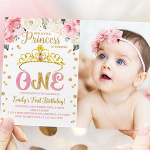 Princess Birthday Invitation Princess Party Invite Crown Royal Ball 1st First Girl Pink Gold Floral Photo Editable Printable Download Bir14