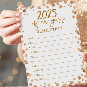 Tarjeta de resolución de Año Nuevo Decoraciones inspiradoras para la fiesta de Nochevieja 2025 Plantilla imprimible digital dorada Actividades Descargar Res1