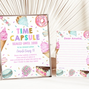 Letra de letrero de cápsula del tiempo dulce para el primer cumpleaños de una niña fiestera, donut, caramelo, helado, cupcakes, pasteles, editable, imprimible, Bir360, Bir338