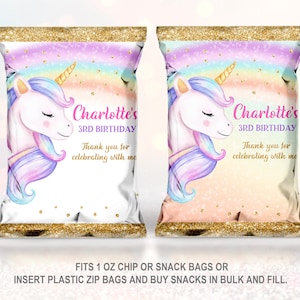 Unicorn Chip bag Birthday Favor Rainbow Unicorn Party snack bag Gold glitter Girl 1st Décor Thank you bag Download EDITABLE Bir249