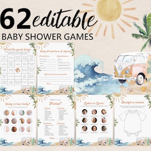 Surf Themed Baby Shower Games Package Baby on Board Editable Games Printable Baby Shower Activity Set Beach Baby Shower Game Bundle Bab356