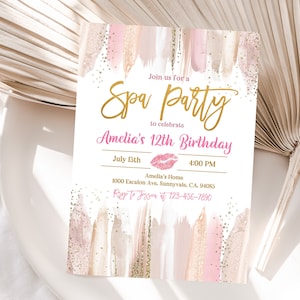 Spa Birthday Invitation Glam Party Invite Girls Spa Blush Pink Gold Makeup Party Tween Girls Manicure Editable Printable Download Bir309