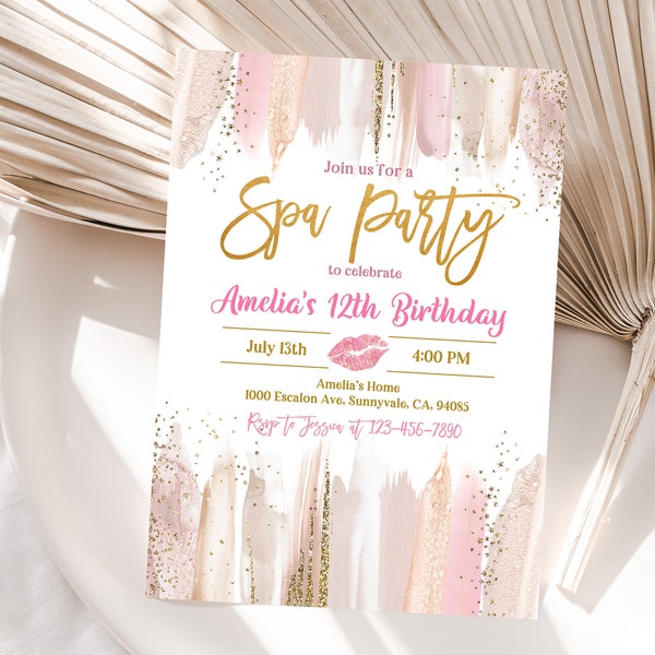 Spa Birthday Invitation Glam Party Invite Girls Spa Blush Pink Gold Makeup Party Tween Girls Manicure Editable Printable Download Bir309