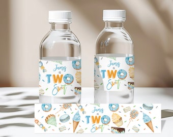 May include: Water bottle labels with a blue and orange theme. The labels feature a donut, cupcake, and lollipop with sprinkles. The text on the label reads "James is Two Sweet".