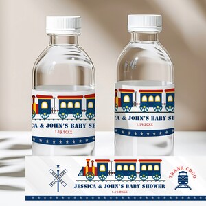 Etiqueta para botella de agua con forma de tren, recuerdo para baby shower Descargar EDITABLE Bab73