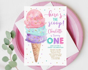 Ice Cream Birthday Invitation, Pink Mint Gold Cone (Editable Digital Bir380)