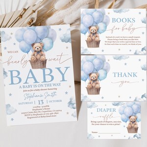 Zaproszenia na baby shower w kształcie misia: niebieskie balonowe chmury, edytowalne Bab325
