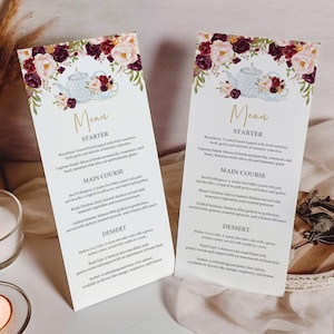 Modèle de Menu de thé nuptiale de douche imprimable carte de menu de fête de thé rustique bohème brunch thé bordeaux Floral rustique automne imprimable modifiable Bri20