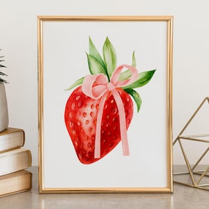 Pink Bow Strawberry Art Print , Fruit Wall Art, Vintage Poster , Coquette, Trendy, Kitchen Decor, Nursery Artwork, Girly Aesthetic