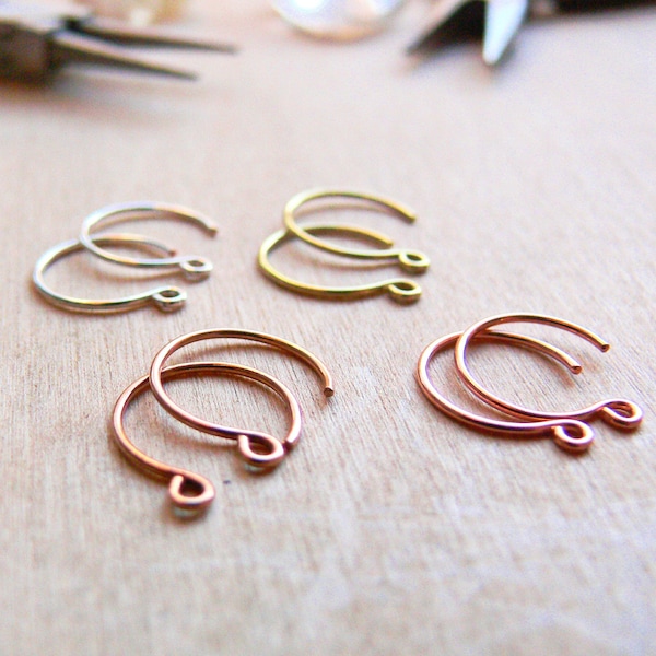 Minimalist Earring Findings - 13mm Round Ear Wires Components for Wire Wrapping, Choose 1 5 or 10 pairs Copper Brass Bronze or Silver-Filled