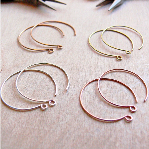 Hoop Earring Findings - 28mm Round Ear Wires Components for Wire Wrapping, Choose 1, 5 or 10 pairs, Copper, Brass, Bronze or Silver-Filled