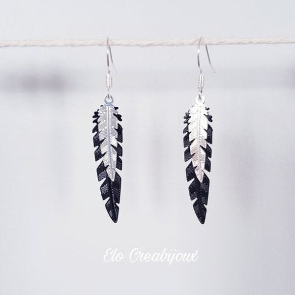 Boucles d'oreilles plume noir et argent