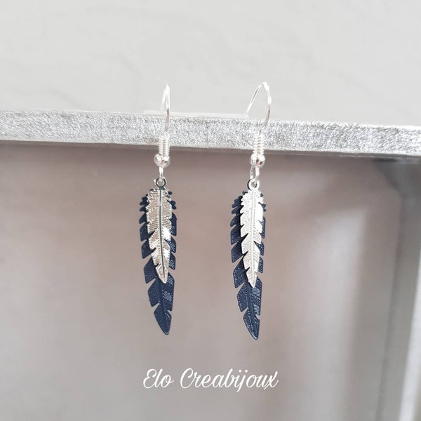 Boucles d'oreilles plume bleu et argent