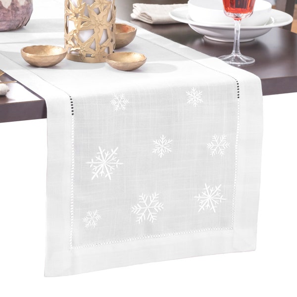 Christmas Table Runner, White Winter Snowflake Embroidery, Rustic Hemstitch Border, Farmhouse Christmas Decor, Holiday Decorations