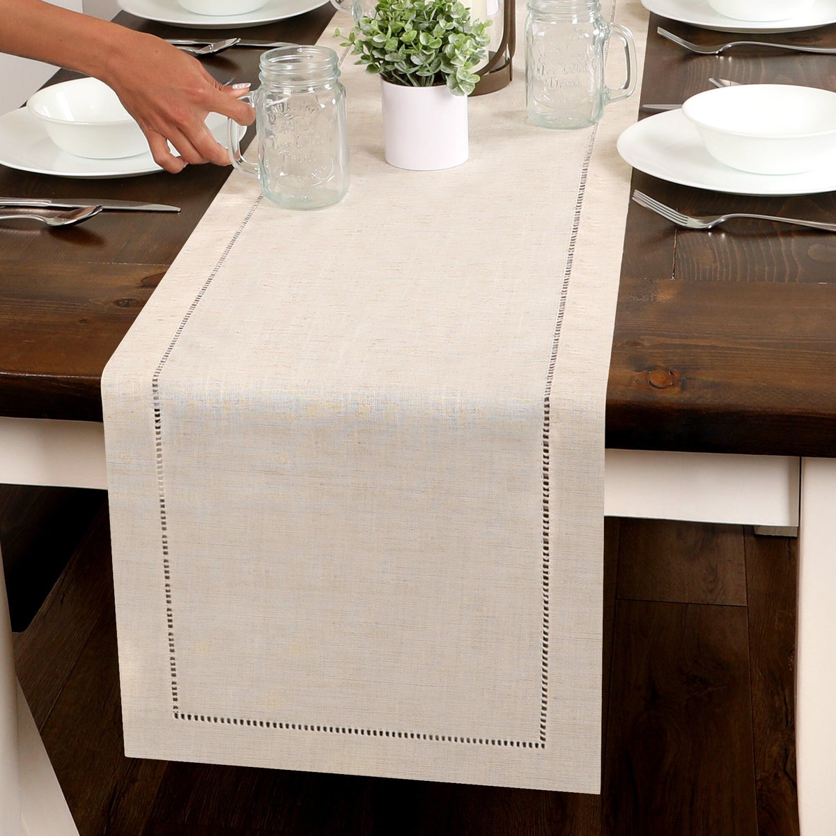 Natural Beige Hemstitch Dinning Room Table Runner