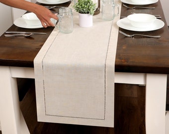 Table Runner, Natural Beige Hemstitch Dinning Room Table Runner, Farmhouse Decor, Rustic Home Decor, Housewarming Gift, Minimalist Topper