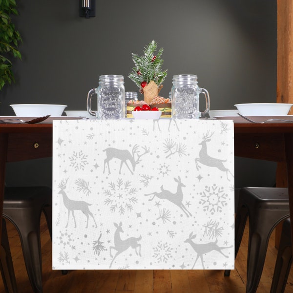 Christmas Table Runner, Reindeer Snowflake Winter Woodland Print Table Runner, Holiday Wonderland Decorations Home Decor | Silver, White