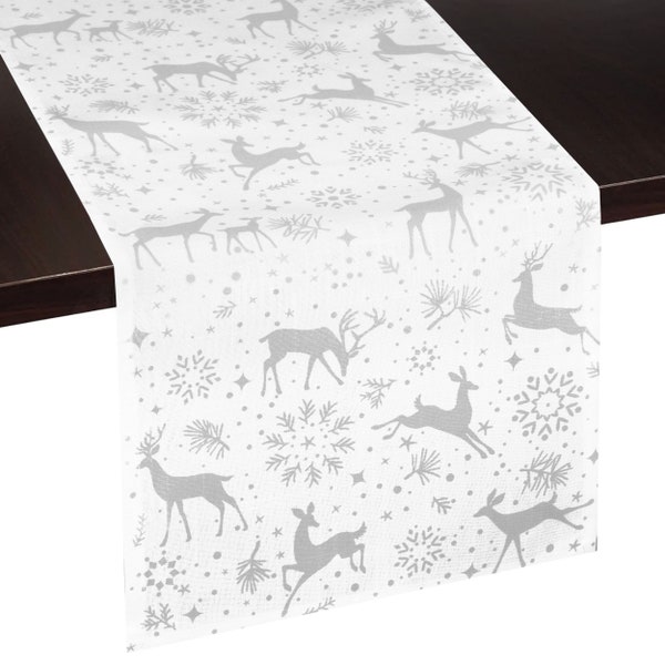 Christmas Table Runner, Reindeer Snowflake Winter Woodland Print Table Runner, Holiday Wonderland Decorations Home Decor | Silver, White