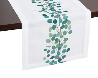 Fall Table Runner, Eucalyptus Leaves Dinning Room Table Runner, Harvest Decor, Fall Decor, Rustic Boho Kitchen Decor, Tablecloth Gift, White