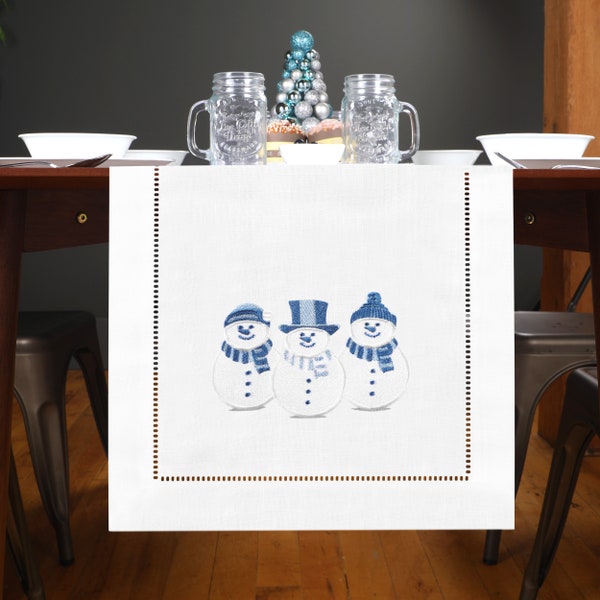 Christmas Table Runner, Blue Silver Snowman Embroidery Dinning Room Table Runner, Christmas Decorations, Rustic Farmhouse Holiday Home Decor