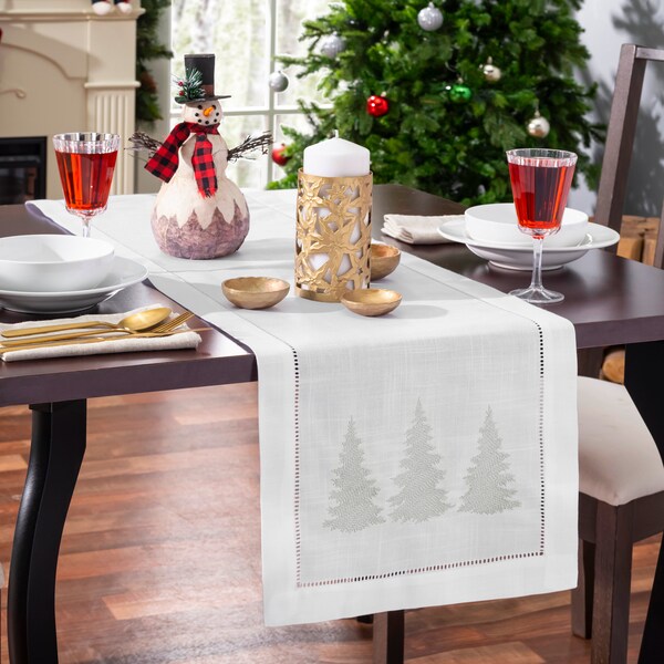 Christmas Table Runner, Silver Winter Tree Embroidery Dinning Room Table Runner, Christmas Decorations, Farmhouse Holiday Home Decor