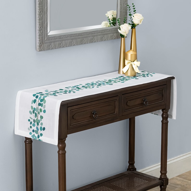 Eucalyptus Leaves Print Table Runner Rustic Boho Decor White Etsy