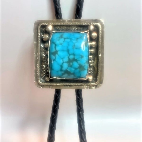 American Cream-Western wear, Southwestern wear, Chickasaw Handmade Bolo Tie with AAA Kaolin Matrix Kingman Turquoise