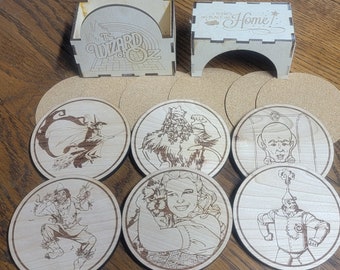 Wizard of Oz Coaster Set 6pc Cherry Wood with Carrying Box (Movie Coasters)  I can make them for ANY theme you want!