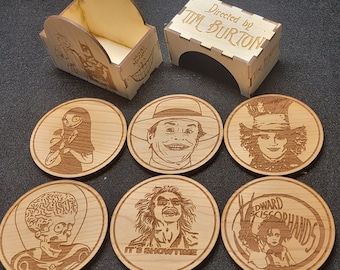 Tim Burton Coaster Set 6pc Cherry Wood with Carrying Box (Movie Coasters)  I can make them for ANY theme you want!
