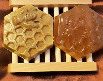Honey soap with real honey, made with shea butter or clear honey with bee pollen, locally sourced, keep hands clean, honeycomb, bumblebee