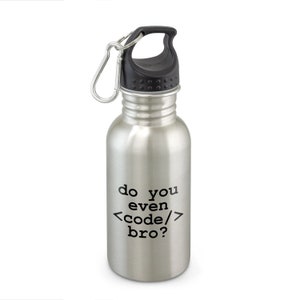 May include: A stainless steel water bottle with a black cap and handle. The bottle has a carabiner clip and the text "do you even code/ bro?" in black. The bottle is designed for carrying water or other beverages.