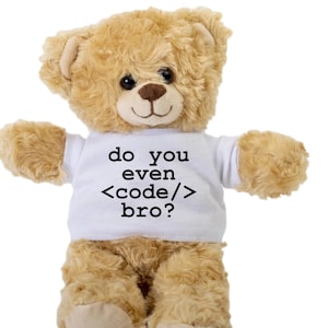 May include: A brown teddy bear wearing a white t-shirt with the text "do you even <code/> bro?" printed on it.