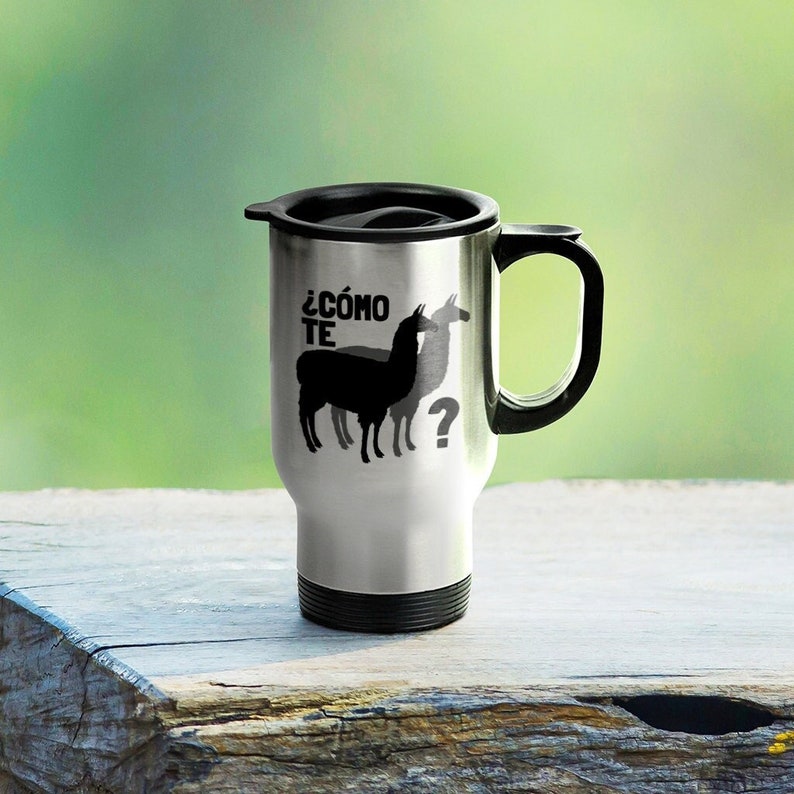 Funny Spanish Mug Llama Lover Gift Spanish Teacher Present Como Te Llamas Taza de viaje imagen 1