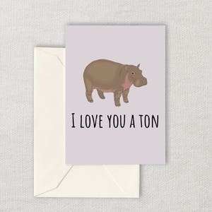 Cute Printable Card - Valentine&#39;s Day Printable - I Love You A Ton - Digital Download - Cute Animal Love Card - Hippo Pun