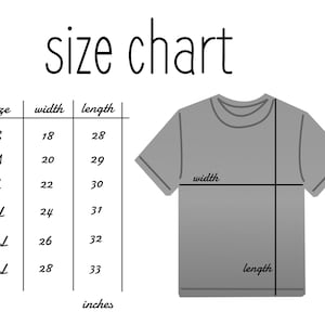 May include: A t-shirt size chart with measurements in inches. Sizes range from S to 3XL, detailing width and length. A gray t-shirt graphic shows where to measure width and length. The text "size chart" is at the top.