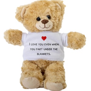 May include: A plush teddy bear with light brown fur. The bear wears a white t-shirt with the text "I LOVE YOU EVEN WHEN YOU FART UNDER THE BLANKETS" and a red heart. The bear has black eyes and a brown nose.