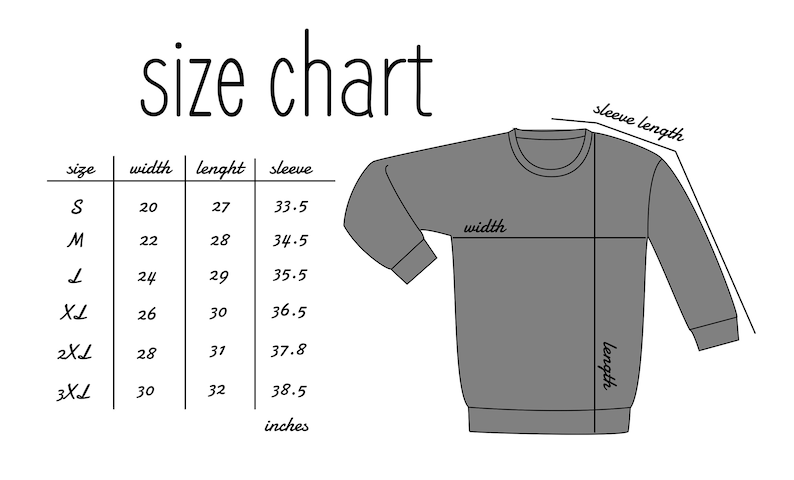 K&ouml;nnte beinhalten: Eine Gr&ouml;&szlig;entabelle f&uuml;r ein Sweatshirt mit Ma&szlig;en in Zoll. Die Tabelle enth&auml;lt die Gr&ouml;&szlig;en S bis 3XL und gibt Breite, L&auml;nge und &Auml;rmell&auml;nge an. Eine graue Sweatshirt-Illustration zeigt, wo gemessen werden muss.