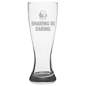 May include: A clear glass beer stein with an etched image of Karl Marx and the text "Sharing is Caring".
