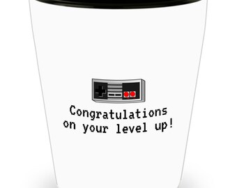 Video Gamer Birthday Gift - Retro Gaming Shot Glass - Video Game Geek Present - Console Gaming Nerd - Level Up