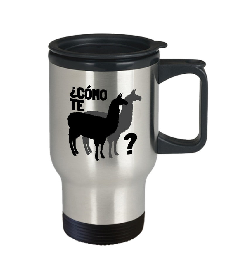 Funny Spanish Mug Llama Lover Gift Spanish Teacher Present Como Te Llamas Taza de viaje imagen 3